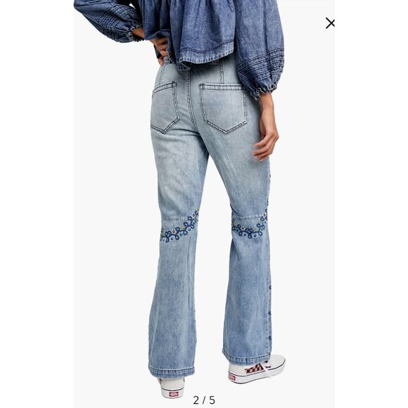 Free People Embroidered Denim Star & Floral Flared Leg High Rise Jeans | Boho 25 - Picture 7 of 16